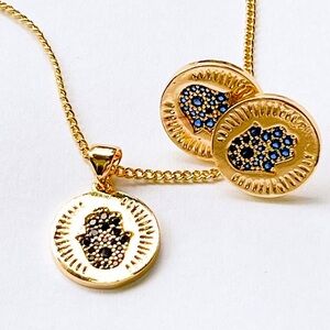 NWOT Hamsa Hand, Evil Eye Earring and Necklace with Charm set, Gold Filled 18"
